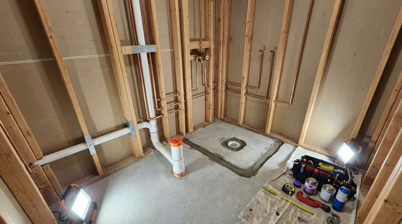 Bathroom rough-in plumbing during remodel by Johns Plumbing LLC in Fort Collins