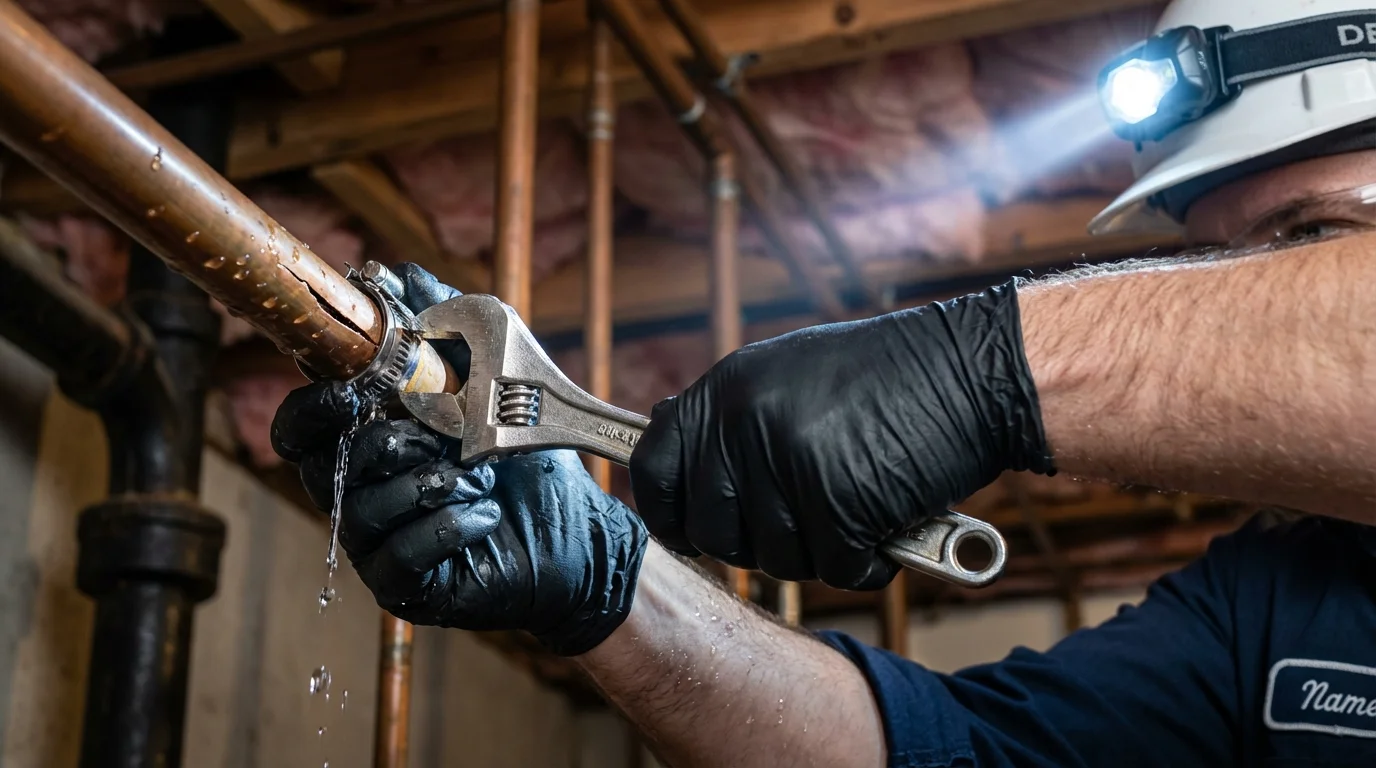 Emergency pipe clamp repair being performed by a Johns Plumbing LLC plumber in Fort Collins