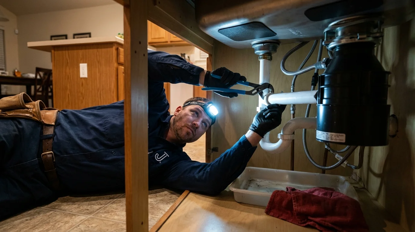 P-trap and supply line connections under a kitchen sink showing a common leak point in Fort Collins, CO
